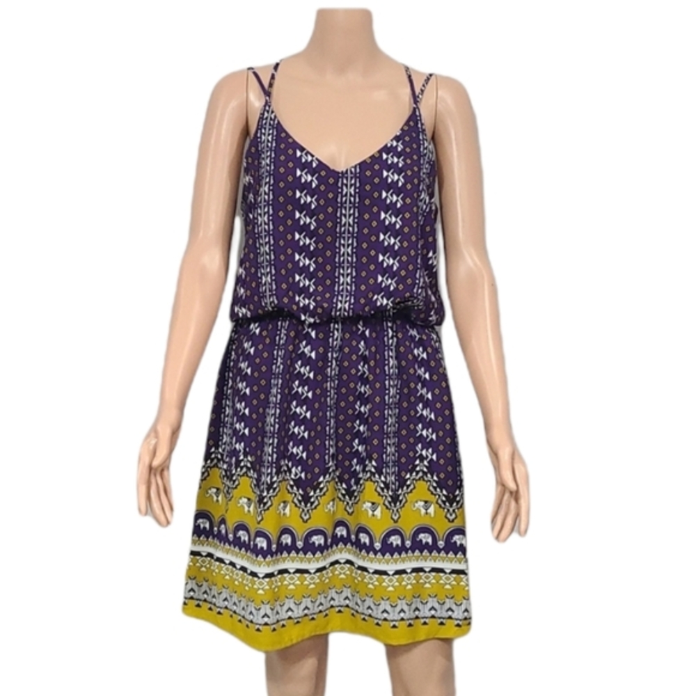 Pink Owl‎ Diamond Print Dress Dress Women’s Size M Purple Gold Multi Strap Lined